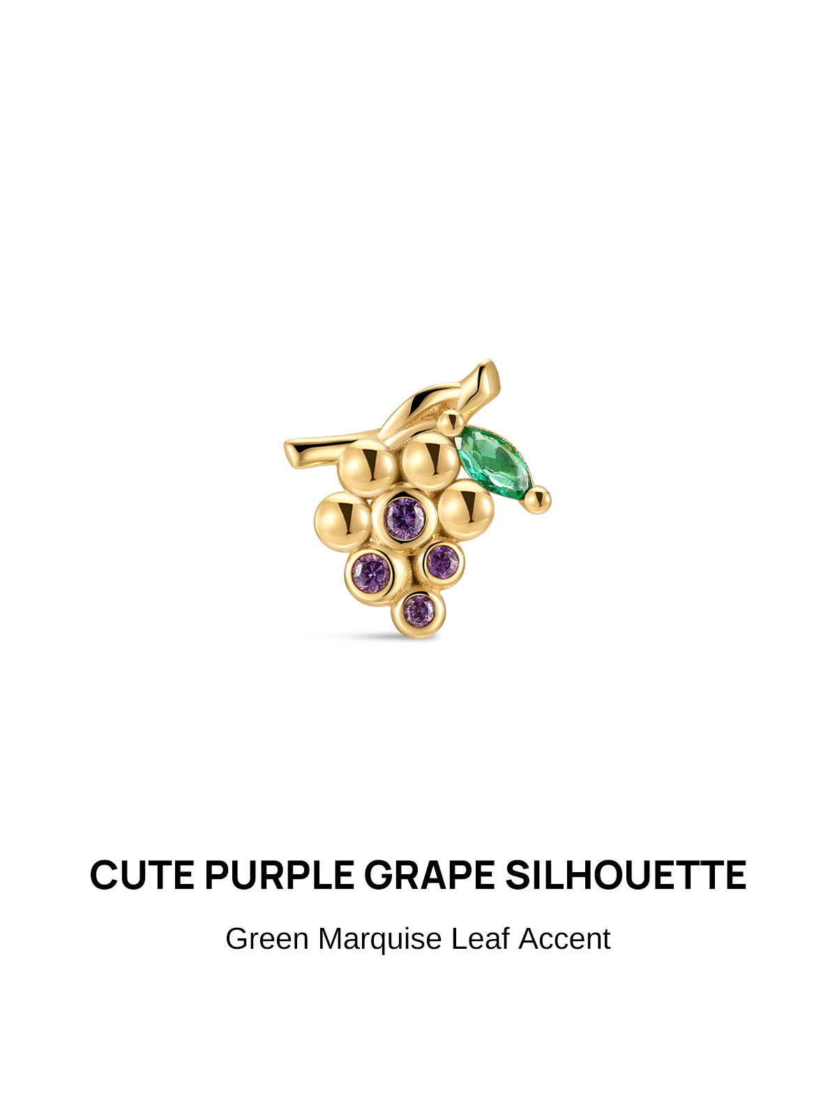 Cute textured grape cluster silhouette KOSINER 925 sterling silver cartilage stud, polished gold plated vine frame, four round faceted purple gem grape berries, marquise green gem leaf accent, push-in flat back post structure