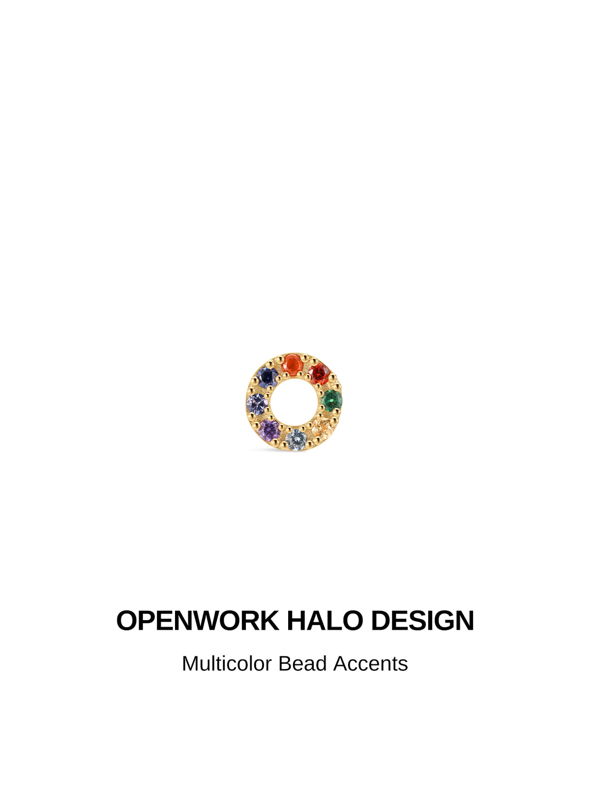 Openwork hollow halo design KOSINER 14K solid gold flat back cartilage stud, multicolor round rainbow cubic zirconia bead accent piercing detail