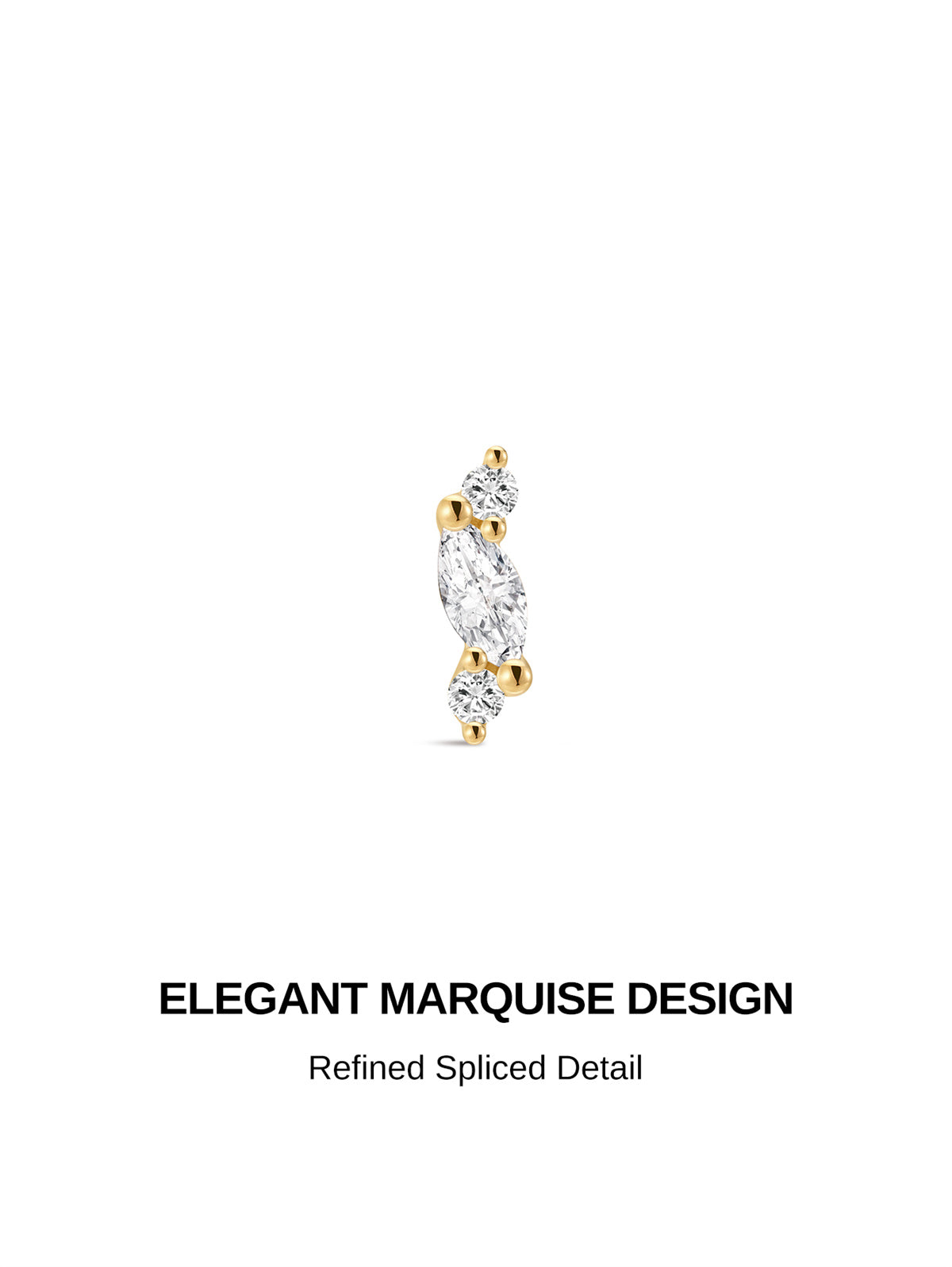 Elegant marquise spliced CZ detail 14K solid gold flat back piercing stud, refined minimalist cartilage earring design