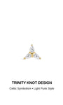 TRINITY KNOT DESIGN graphic banner, 14K solid gold Celtic trinity symbol flat back piercing stud, minimalist light punk jewelry