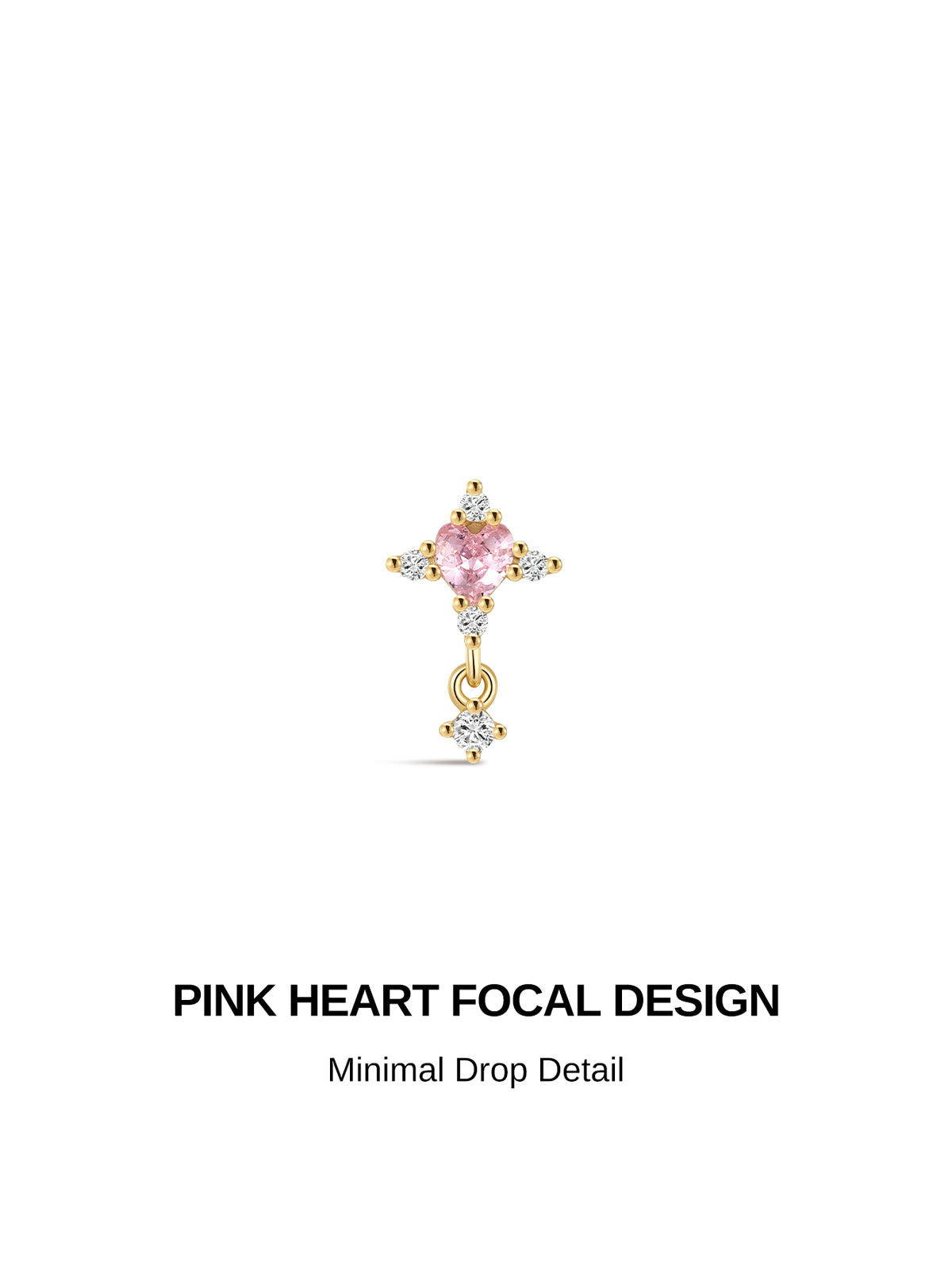 KOSINER Pink Ritual Pink Heart Cross Drop flat back stud, classic cross silhouette with central pink heart focal gem and minimal dangling crystal detail, romantic internally threaded piercing earring for ear stacking