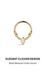KOSINER Perléa daith clicker hoop front view, polished 14K solid gold hinged clicker ring decorated with graduated bead detailing, central bezel-set marquise-cut clear cubic zirconia flanked by two round bezel-set accent stones, seamless hinged closure designed for daith piercing