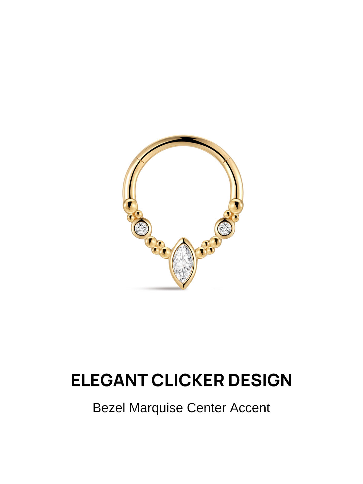 KOSINER Perléa daith clicker hoop front view, polished 14K solid gold hinged clicker ring decorated with graduated bead detailing, central bezel-set marquise-cut clear cubic zirconia flanked by two round bezel-set accent stones, seamless hinged closure designed for daith piercing