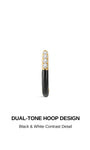 KOSINER Puzzle dual-tone hoop design graphic, gold-plated 925 sterling silver huggie hoop, half polished black enamel finish, top section pave-set round clear cubic zirconia stones, chic black & white contrast small clicker hoop earring
