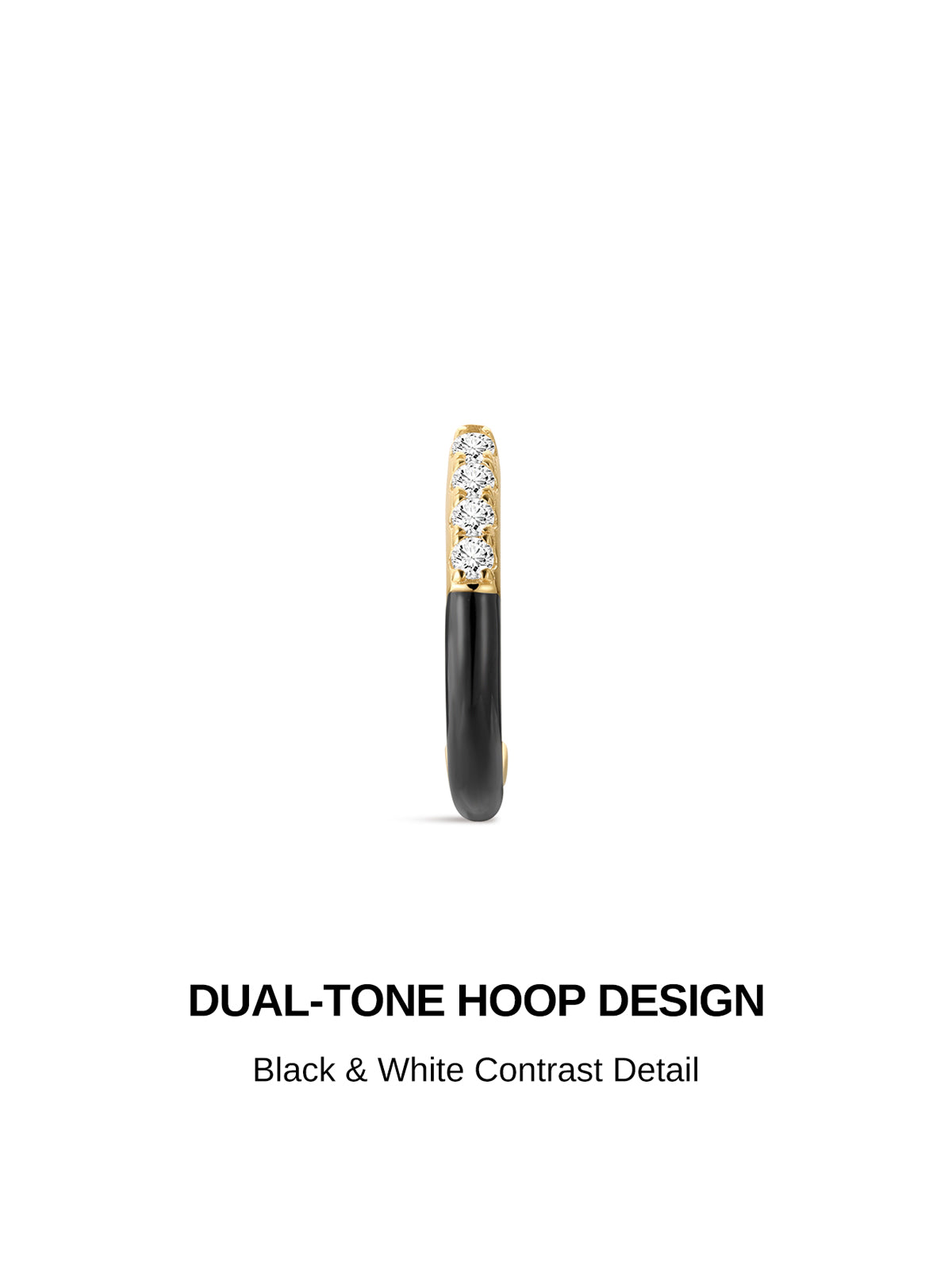 KOSINER Puzzle dual-tone hoop design graphic, gold-plated 925 sterling silver huggie hoop, half polished black enamel finish, top section pave-set round clear cubic zirconia stones, chic black & white contrast small clicker hoop earring
