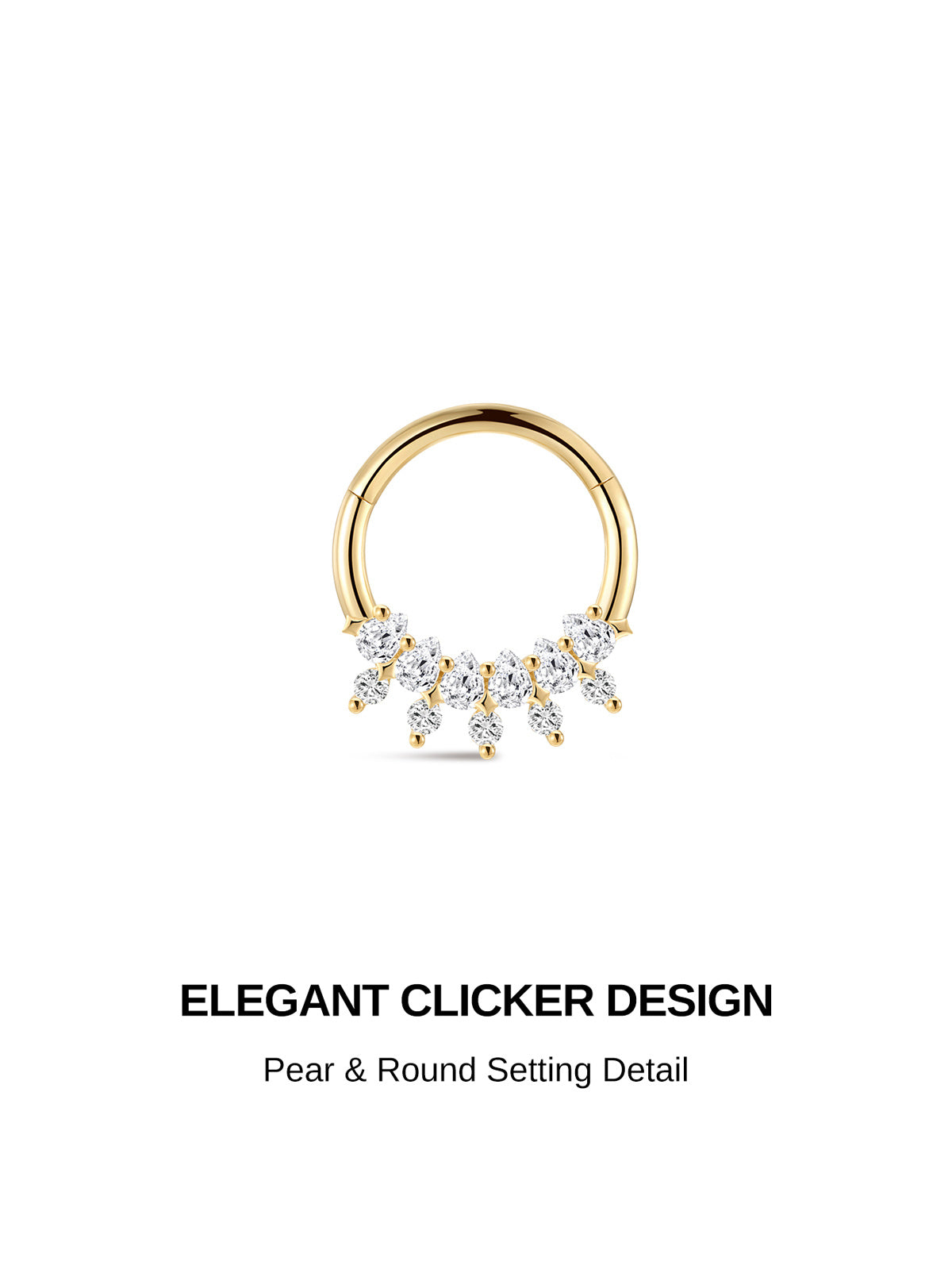 KOSINER 14K Solid Gold Pear & Round CZ Daith Clicker, Elegant Cluster Cartilage Hoop Ear Jewelry