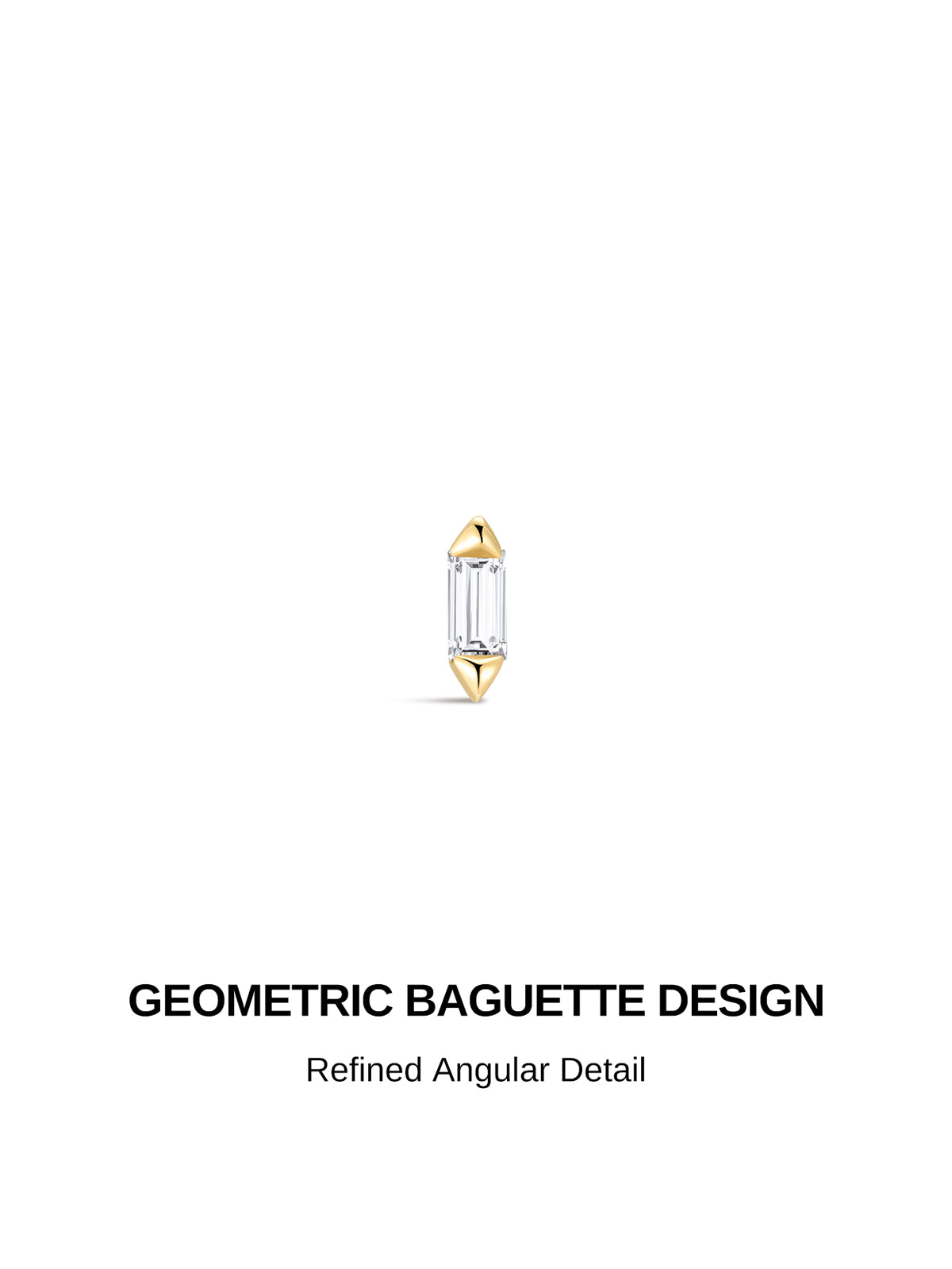KOSINER Prism minimalist geometric baguette flat back stud made of 14K solid gold, polished angular gold frame encasing a central baguette cubic zirconia, internally threaded hypoallergenic cartilage piercing stud for helix, rook, tragus and lobe placements