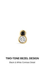 KOSINER Puzzle two-tone bezel design graphic, polished 14K solid gold figure-eight shaped setting, bezel set small black cubic zirconia stone above larger clear round cz, chic black & white contrast internally threaded flat back cartilage stud