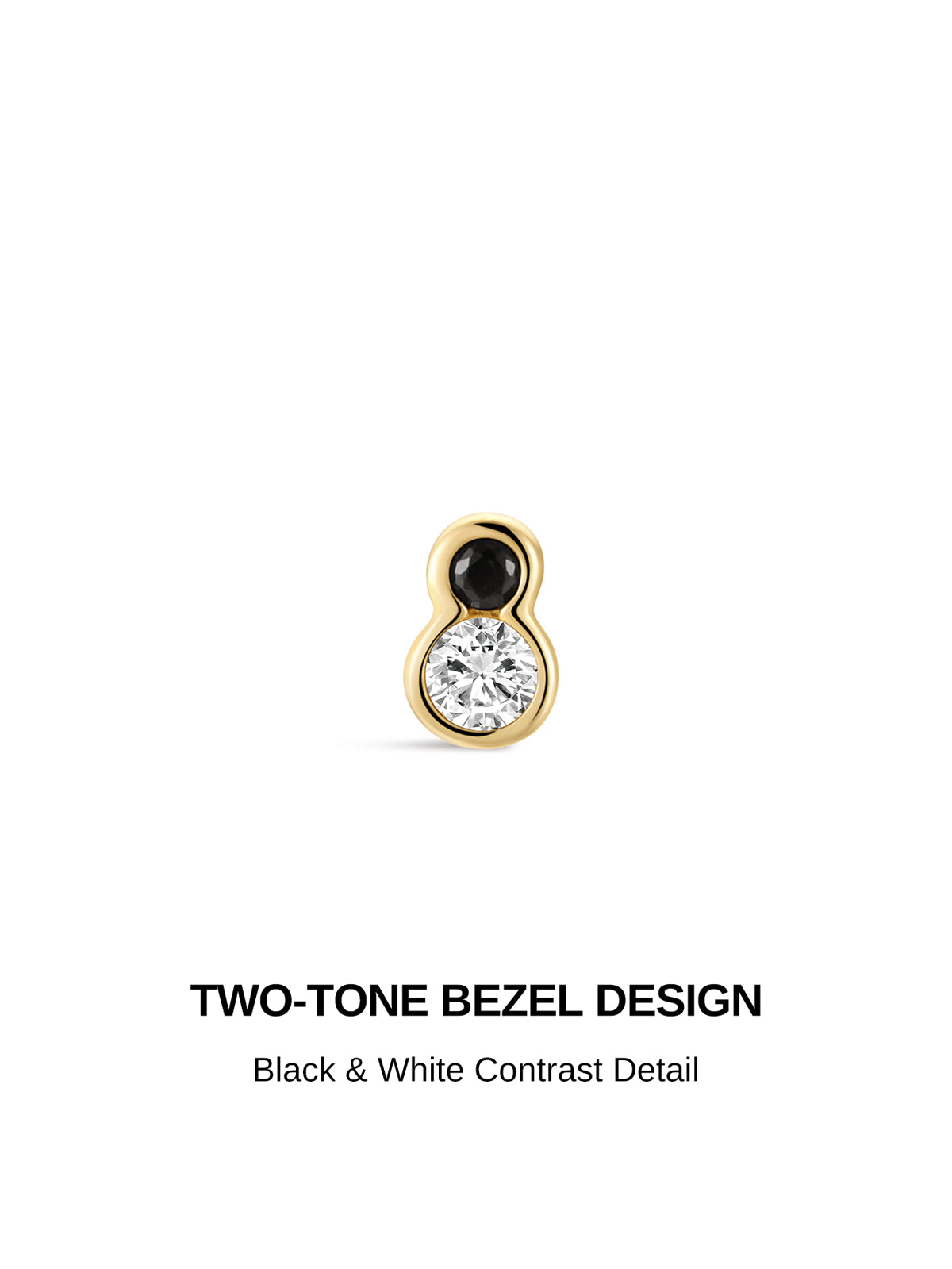 KOSINER Puzzle two-tone bezel design graphic, polished 14K solid gold figure-eight shaped setting, bezel set small black cubic zirconia stone above larger clear round cz, chic black & white contrast internally threaded flat back cartilage stud