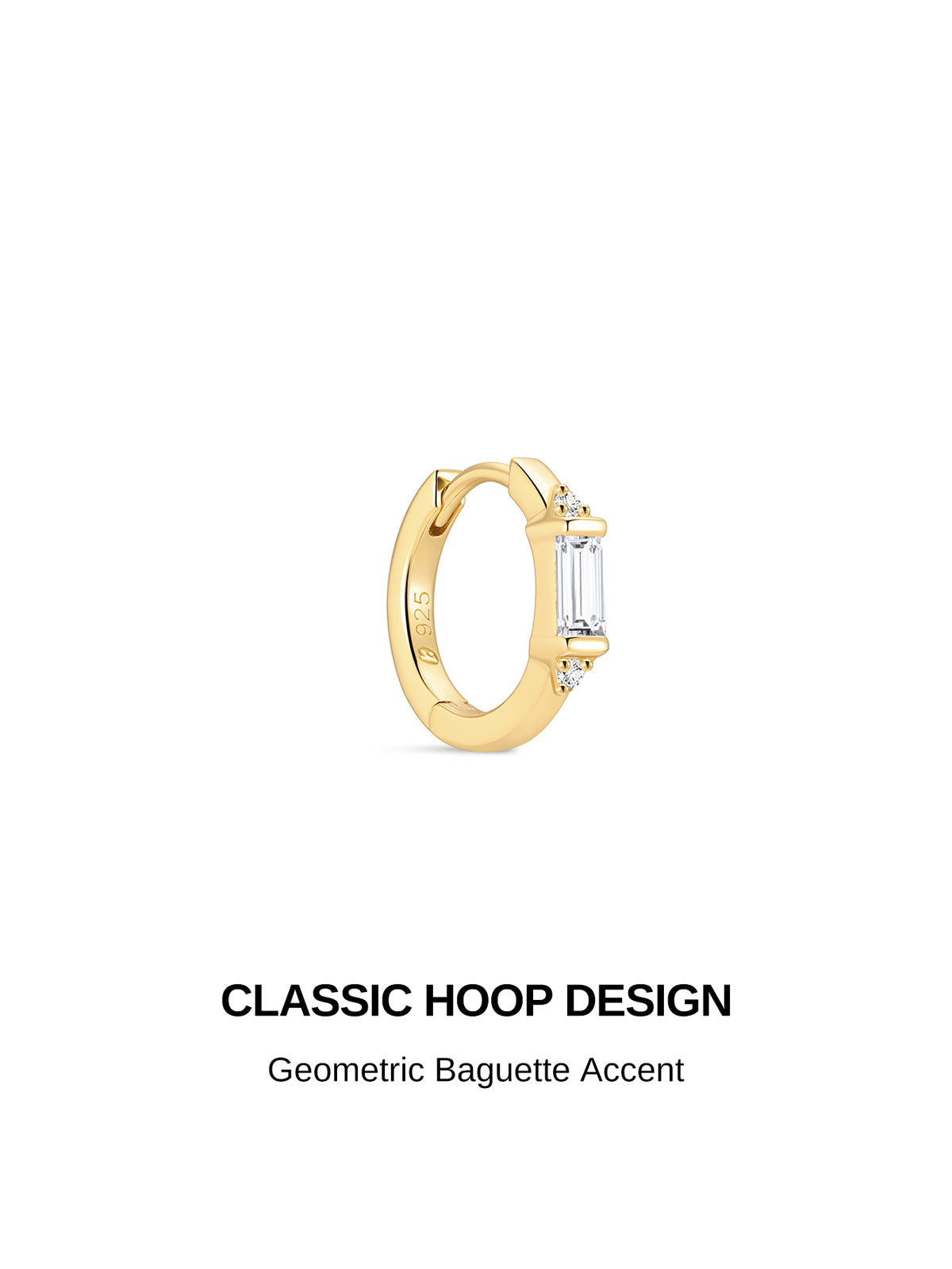 KOSINER Prism 925 Sterling Silver 18K Gold Vermeil Baguette CZ Clicker Hoop Earring, Dainty Rectangular Baguette Crystal Huggie Hoop, Hypoallergenic Cartilage Piercing Earring for Helix Tragus Lobe Stacking