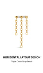KOSINER Perléa Triple-Tassel Flat Back Stud front view, horizontal bar top set with two round clear cubic zirconia stones and rounded gold bead ends, suspending three graduated length open oval chain drop tassels, crafted in premium 14K solid gold, internally threaded hypoallergenic labret design made for helix piercings