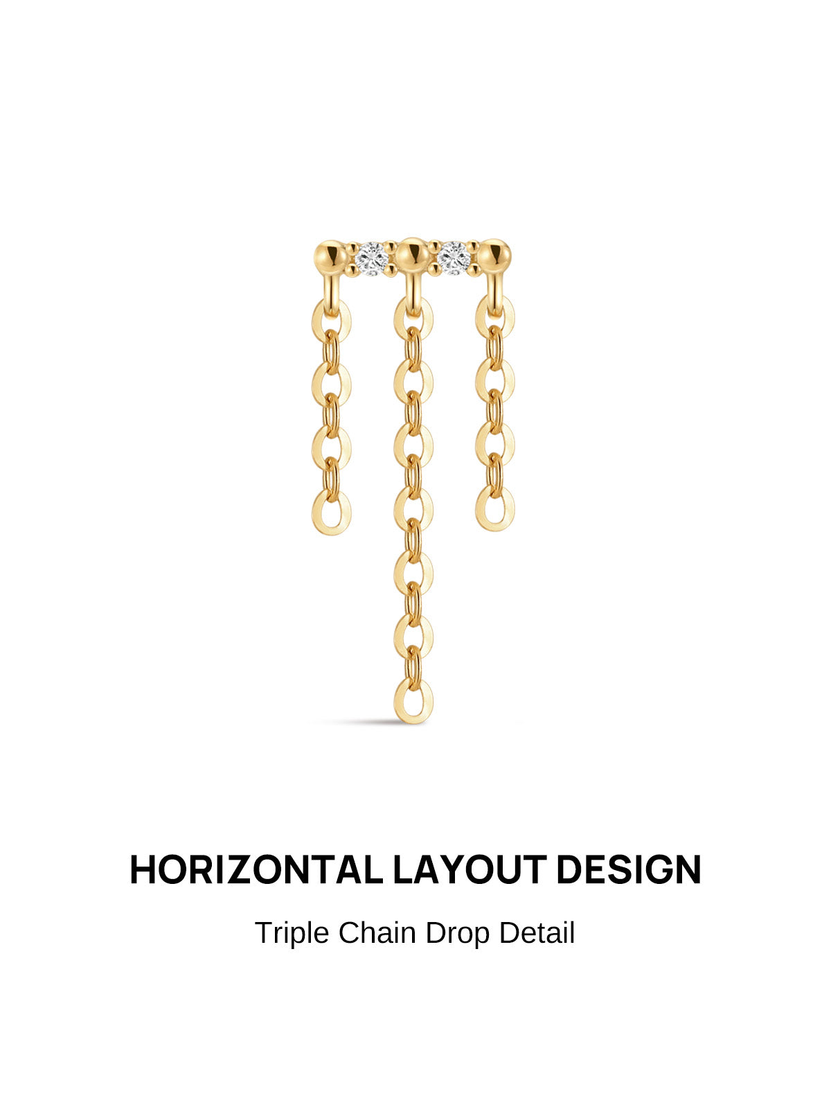 KOSINER Perléa Triple-Tassel Flat Back Stud front view, horizontal bar top set with two round clear cubic zirconia stones and rounded gold bead ends, suspending three graduated length open oval chain drop tassels, crafted in premium 14K solid gold, internally threaded hypoallergenic labret design made for helix piercings
