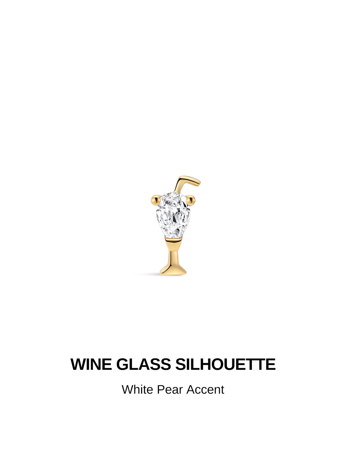 KOSINER Seaspritz delicate wine glass silhouette graphic, polished 14K solid gold frame with brilliant pear-shaped clear gemstone inlay, cute cocktail vacation-inspired internally threaded cartilage piercing stud
