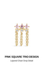 KOSINER Pink Ritual Pink Square Trio triple-chain flat back stud, three square pink gems paired with layered dangling chain details, romantic internally threaded piercing earring for elaborate ear stacking