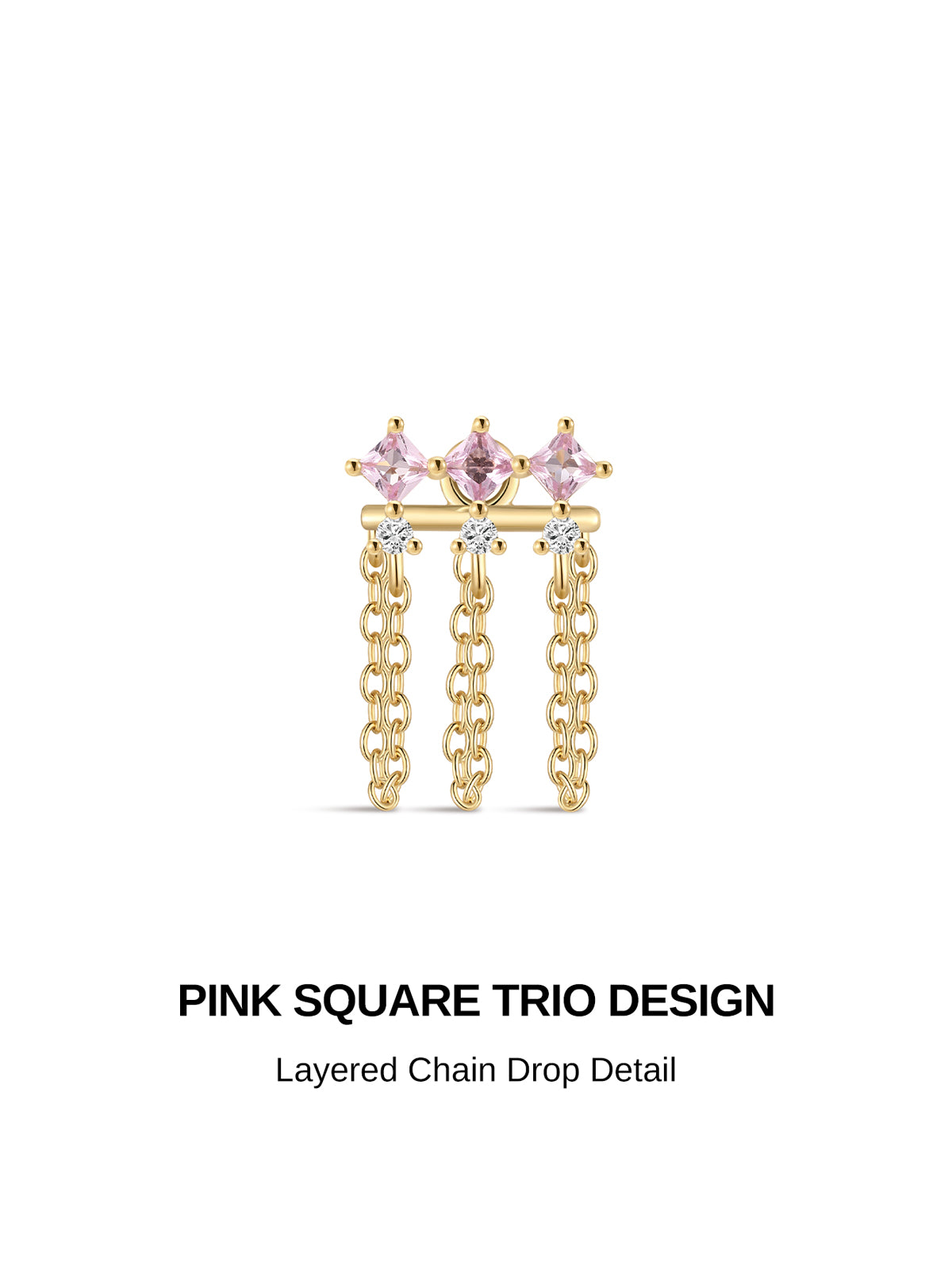 KOSINER Pink Ritual Pink Square Trio triple-chain flat back stud, three square pink gems paired with layered dangling chain details, romantic internally threaded piercing earring for elaborate ear stacking