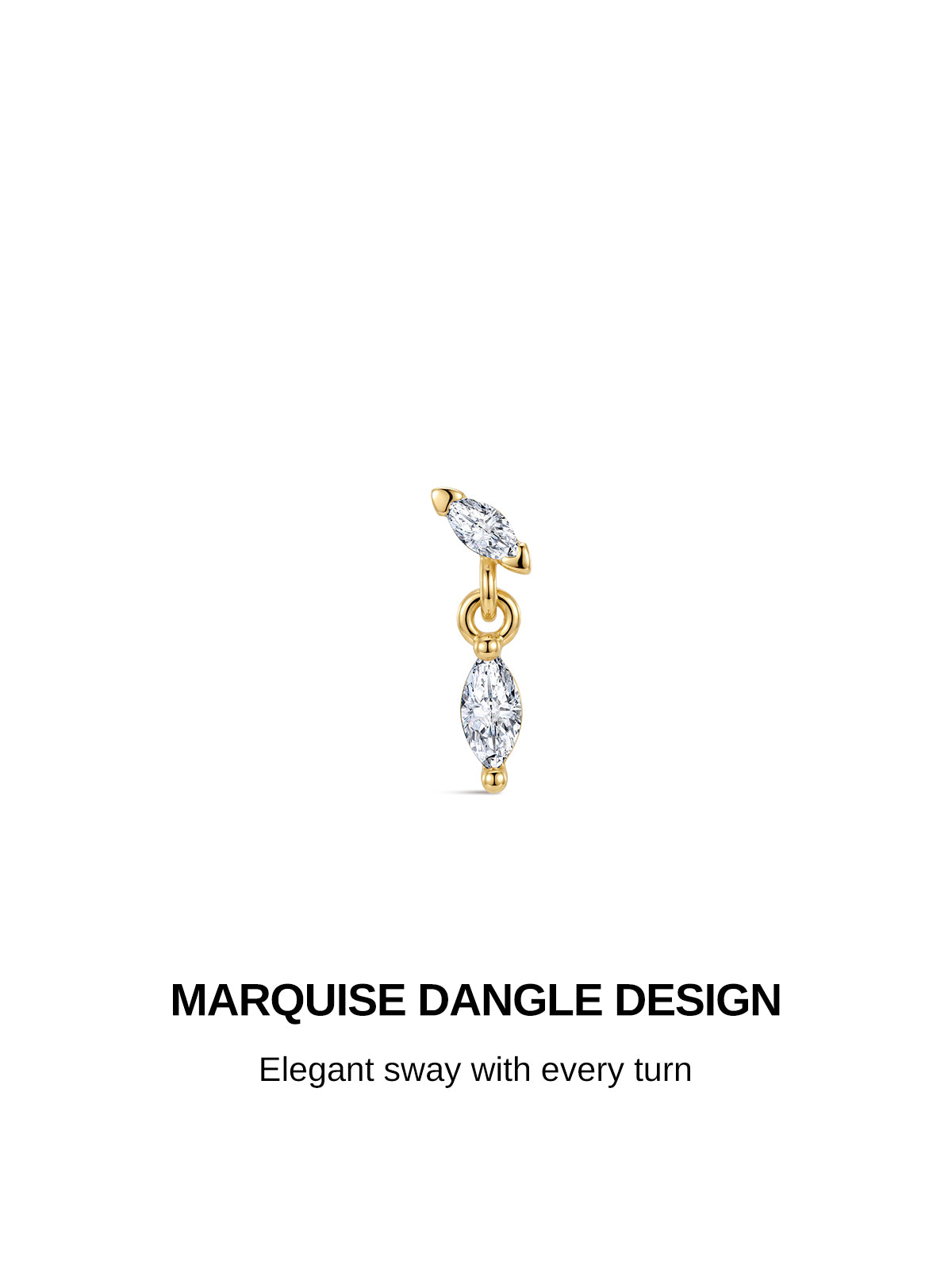 MARQUISE DANGLE DESIGN promotional banner, 14K solid gold double marquise CZ dangling flat back stud, elegant sway piercing jewelry