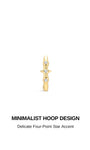 Single KOSINER Starlight Minimalist Hoop front view, smooth polished 18K gold vermeil clicker hoop design decorated with central four-point star CZ motif and two round CZ stone accents, sleek minimalist everyday cartilage hoop silhouette