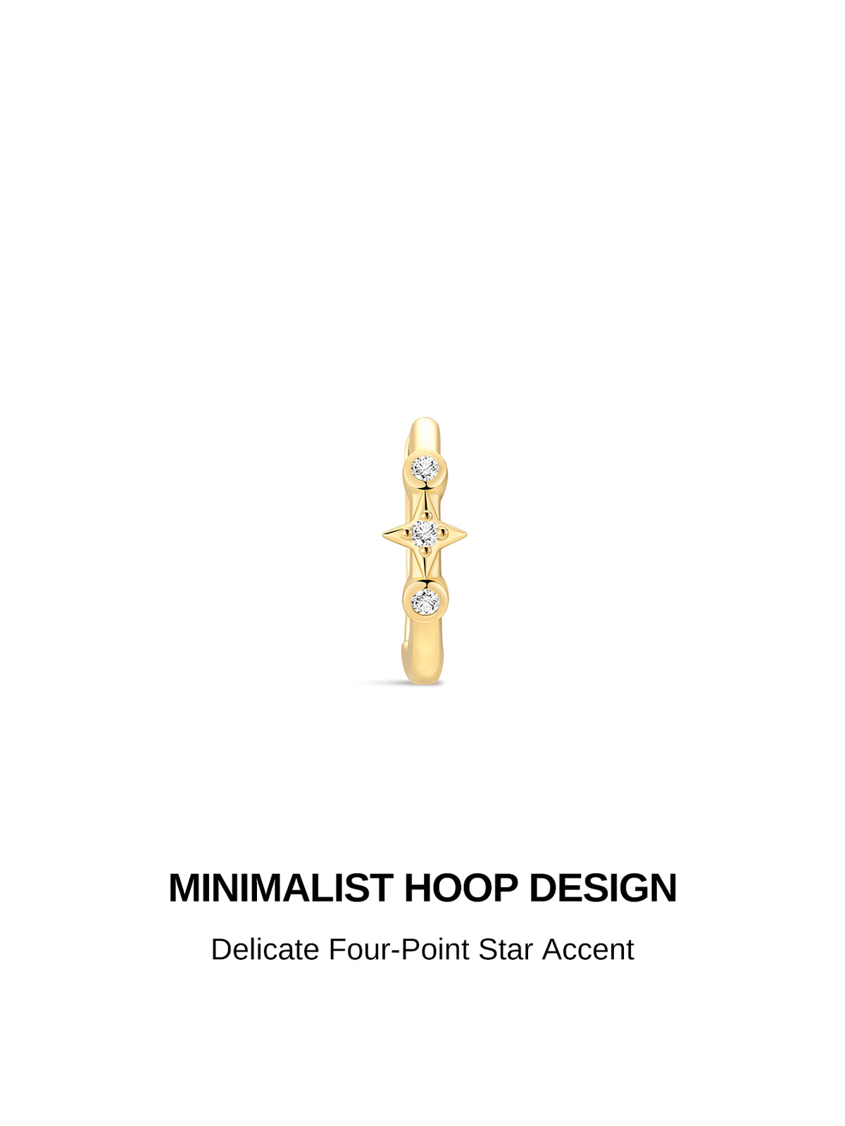 Single KOSINER Starlight Minimalist Hoop front view, smooth polished 18K gold vermeil clicker hoop design decorated with central four-point star CZ motif and two round CZ stone accents, sleek minimalist everyday cartilage hoop silhouette