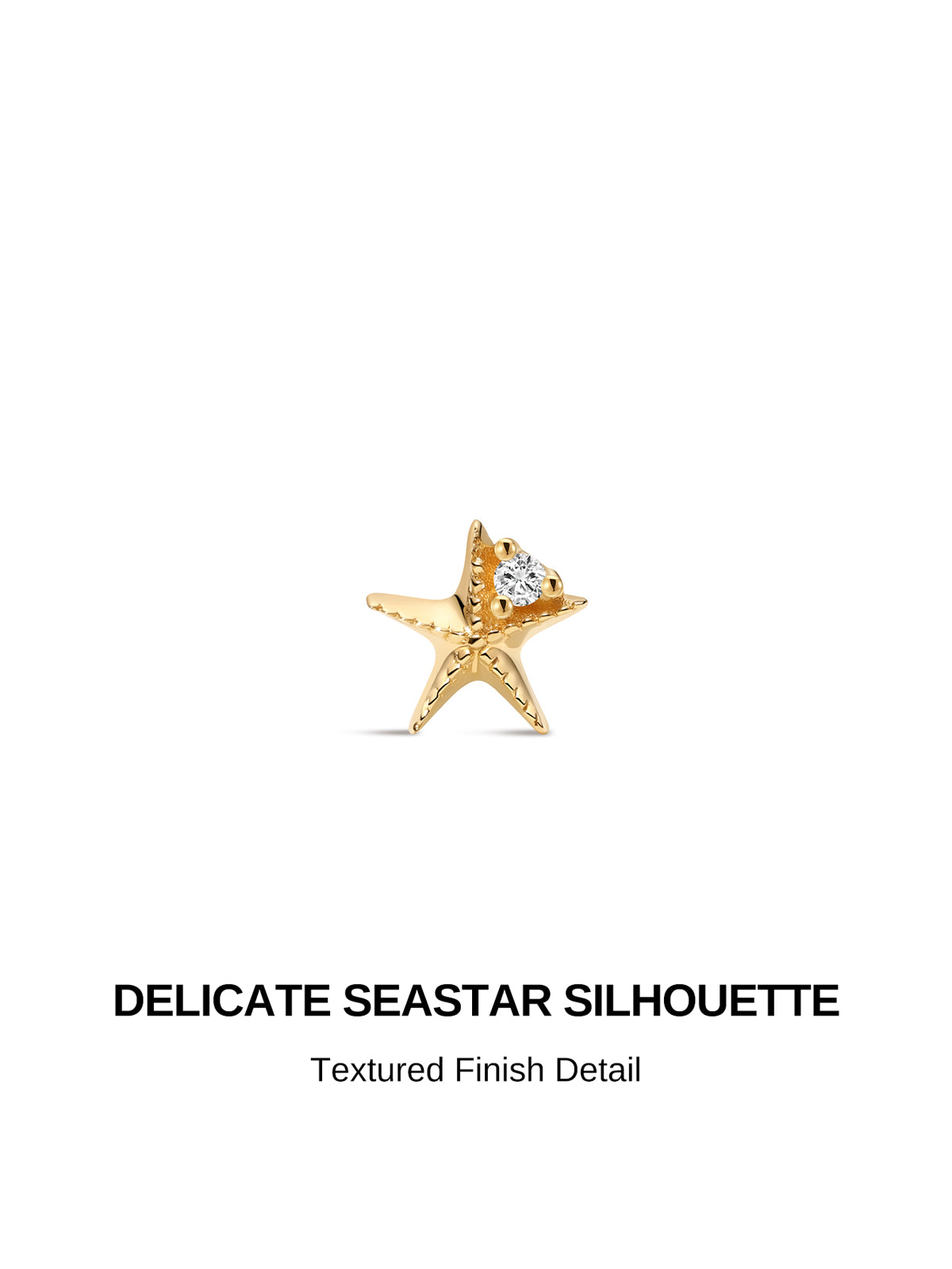 KOSINER Seaspritz delicate seastar silhouette graphic, textured detailed 14K solid gold starfish design with prong-set clear accent cubic zirconia center, ocean-inspired internally threaded flat back cartilage piercing stud