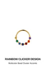 Full layered ear stack with KOSINER rainbow light collection, colorful beaded clicker hoop fitted in daith paired with assorted rainbow flat back studs for helix lobe tragus