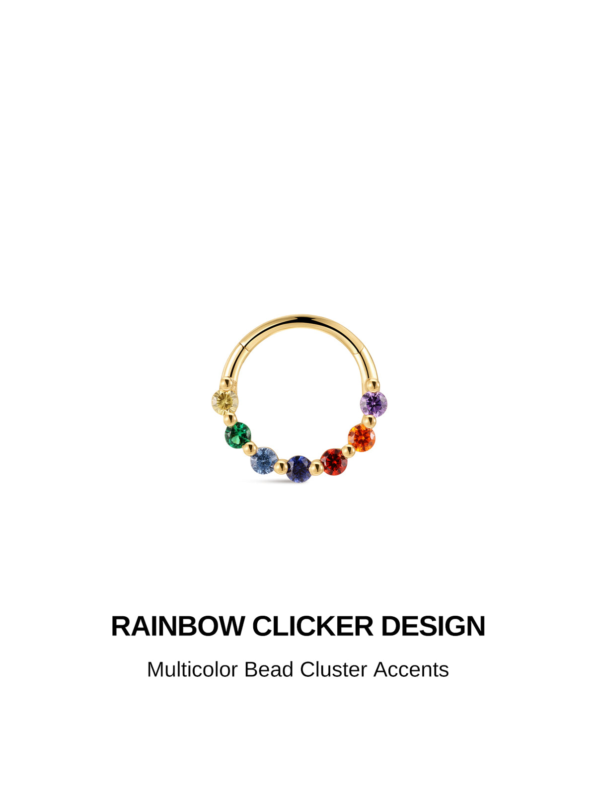 Full layered ear stack with KOSINER rainbow light collection, colorful beaded clicker hoop fitted in daith paired with assorted rainbow flat back studs for helix lobe tragus