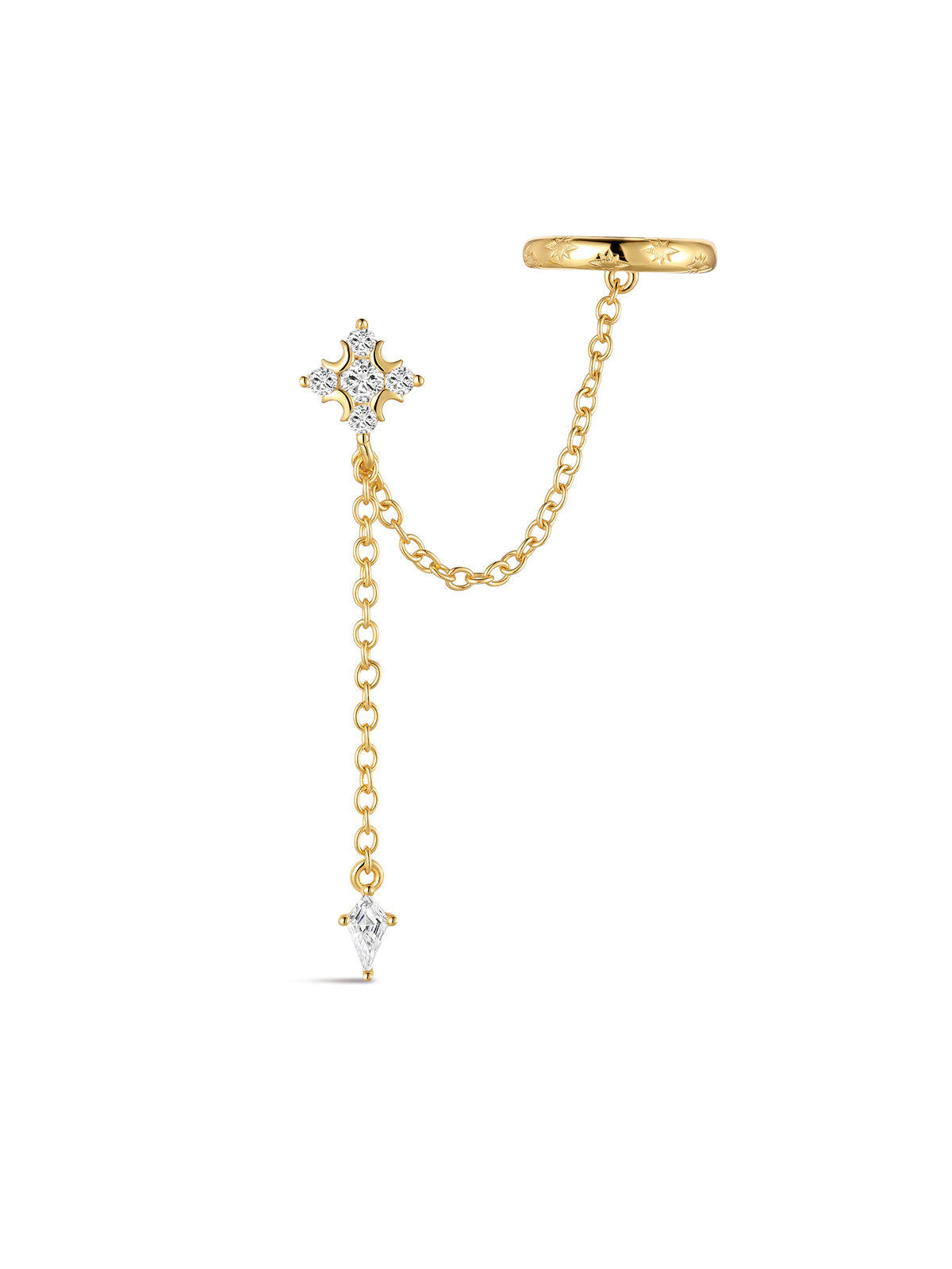 KOSINER Rising Star chain earring size guide showing a 7.3mm star and moon stud, 10mm ear cuff and 25mm drop