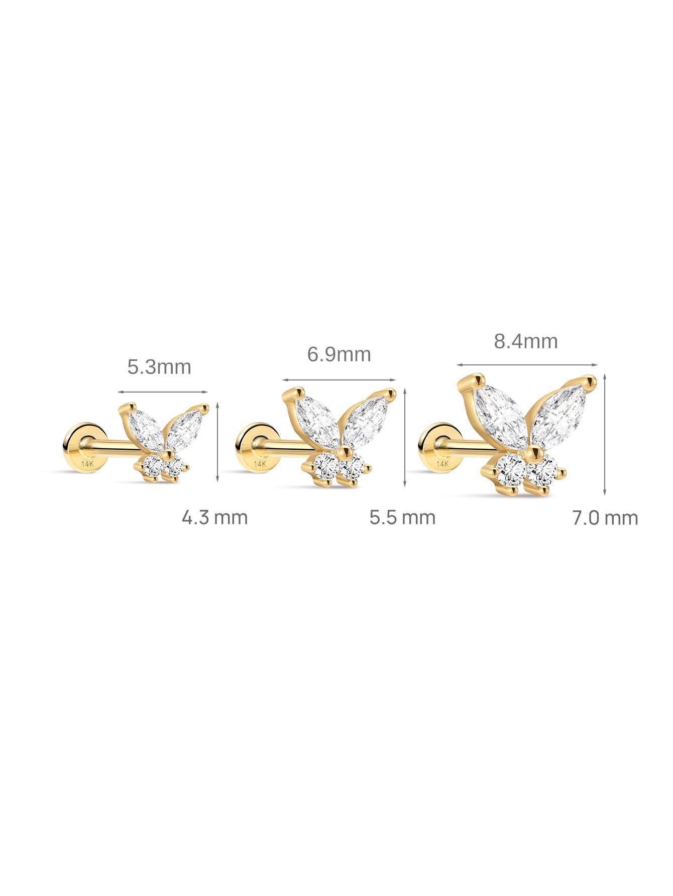 14K massief gouden vlinder oor piercing Stud