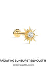 KOSINER Étoile Delicate Sun Flat Back Stud front view, sharp multi-ray radiating sunburst silhouette, central round brilliant clear CZ stone, polished 14K solid gold delicate minimalist cartilage piercing jewelry