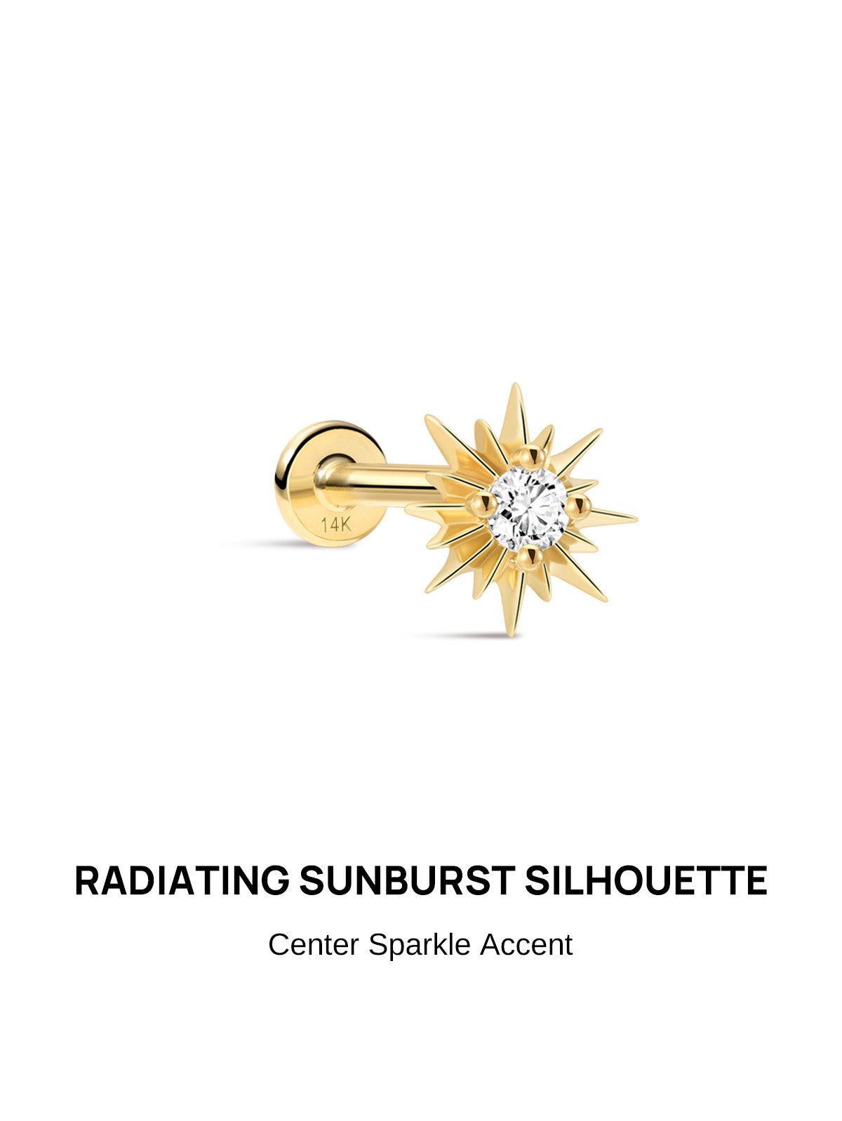 KOSINER Étoile Delicate Sun Flat Back Stud front view, sharp multi-ray radiating sunburst silhouette, central round brilliant clear CZ stone, polished 14K solid gold delicate minimalist cartilage piercing jewelry