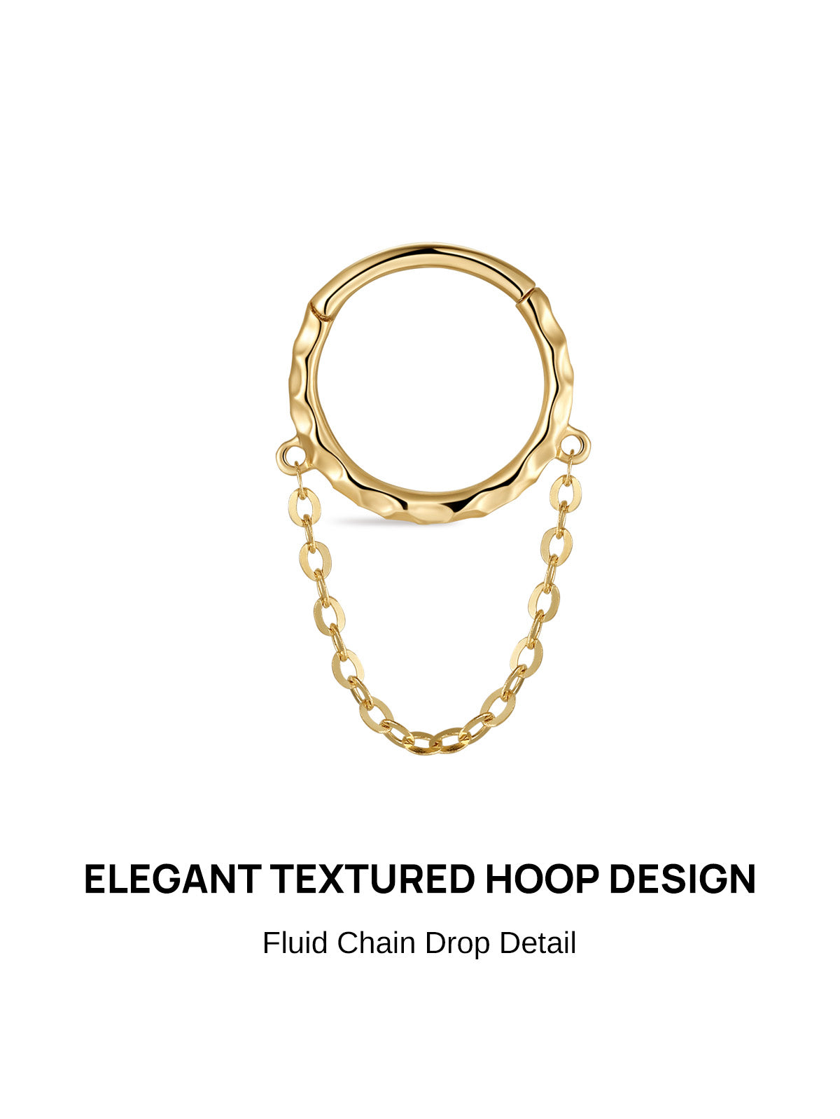 KOSINER Hand Hammered 14K Solid Gold Chain Pendant Hoop front view, round hinged hoop with organic dimpled hand hammered texture, dual side loops attached with delicate floating chain drop detail, polished 14K solid gold finish, wearable ear cuff for helix piercing