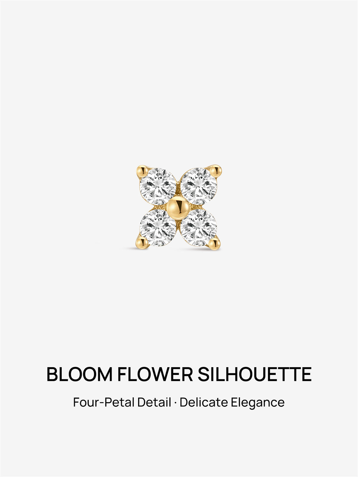 KOSINER 14K Gold Bloom Flower Piercing Stud, internally threaded, four CZ stones setting, for sensitive ears