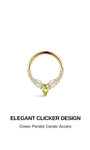 Elegant clicker hoop design KOSINER 14K solid gold daith cartilage ring, central pear-cut green peridot surrounded by marquise & round clear cz stones, secure seamless click closure, polished solid gold band