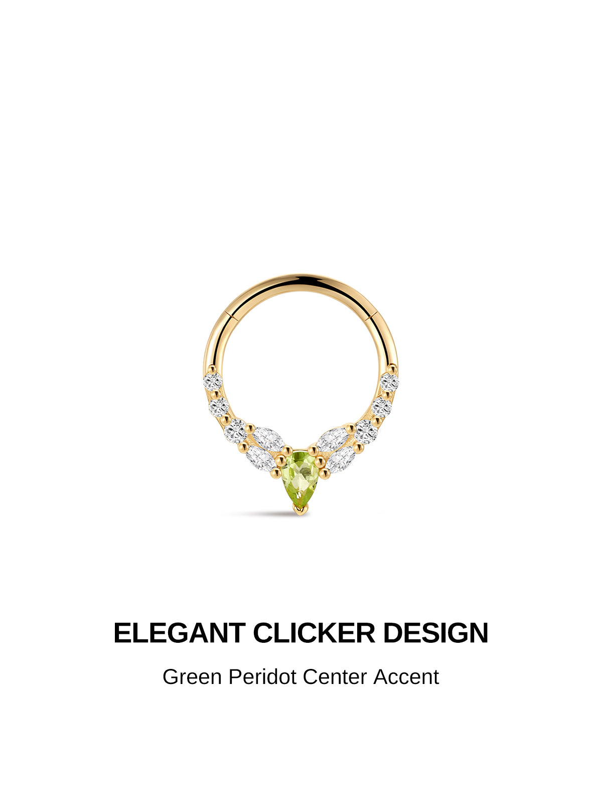Elegant clicker hoop design KOSINER 14K solid gold daith cartilage ring, central pear-cut green peridot surrounded by marquise & round clear cz stones, secure seamless click closure, polished solid gold band