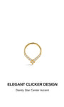 KOSINER Starlight teardrop shaped daith clicker hoop front view, polished 14K solid gold hinged clicker ring, curved pavé clear cubic zirconia stones along lower edge finished with a central four-pointed star charm set with a tiny center CZ, elegant seamless click closure designed for daith piercing