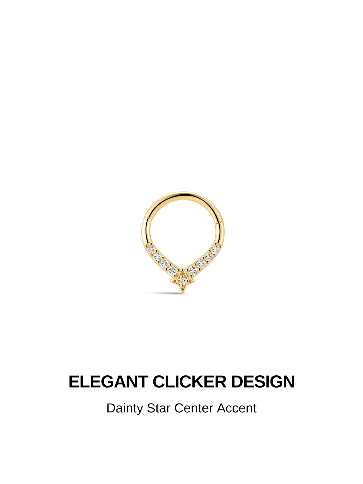 KOSINER Starlight teardrop shaped daith clicker hoop front view, polished 14K solid gold hinged clicker ring, curved pavé clear cubic zirconia stones along lower edge finished with a central four-pointed star charm set with a tiny center CZ, elegant seamless click closure designed for daith piercing