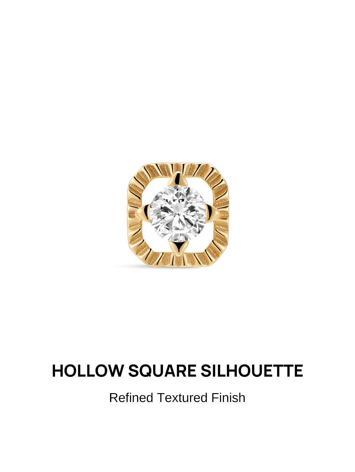 KOSINER Étoile Quadrilateral Flat Back Stud front close-up, hollow rounded square silhouette with refined radial textured finish, four-prong held round clear cubic zirconia, 14K solid gold delicate piercing jewelry