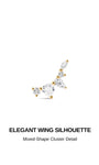 Elegant wing silhouette 14K solid gold flat back piercing stud, mixed-shape cz cluster delicate cartilage earring design