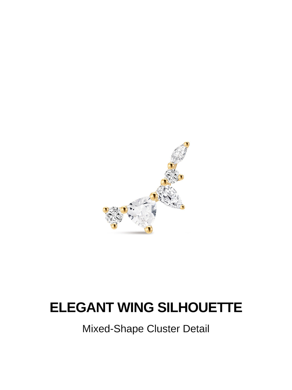 Elegant wing silhouette 14K solid gold flat back piercing stud, mixed-shape cz cluster delicate cartilage earring design