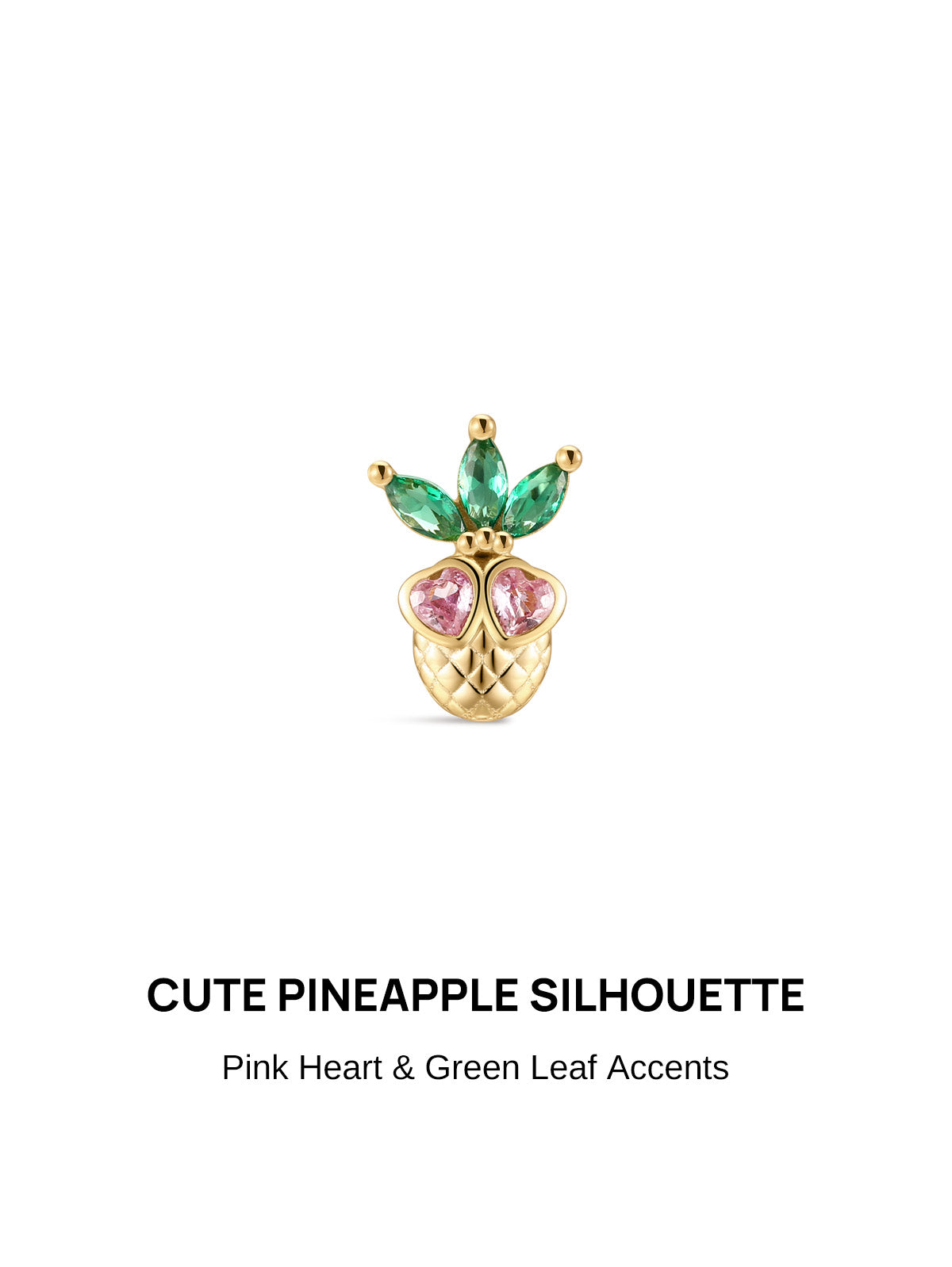 KOSINER Orchard 14K Gold Plated 925 Sterling Silver Pineapple Flat Back Stud, Pink Heart & Green Leaf Gem Accent Cute Fruit Cartilage Piercing Earring, Hypoallergenic Stackable for Helix Tragus Lobe Conch