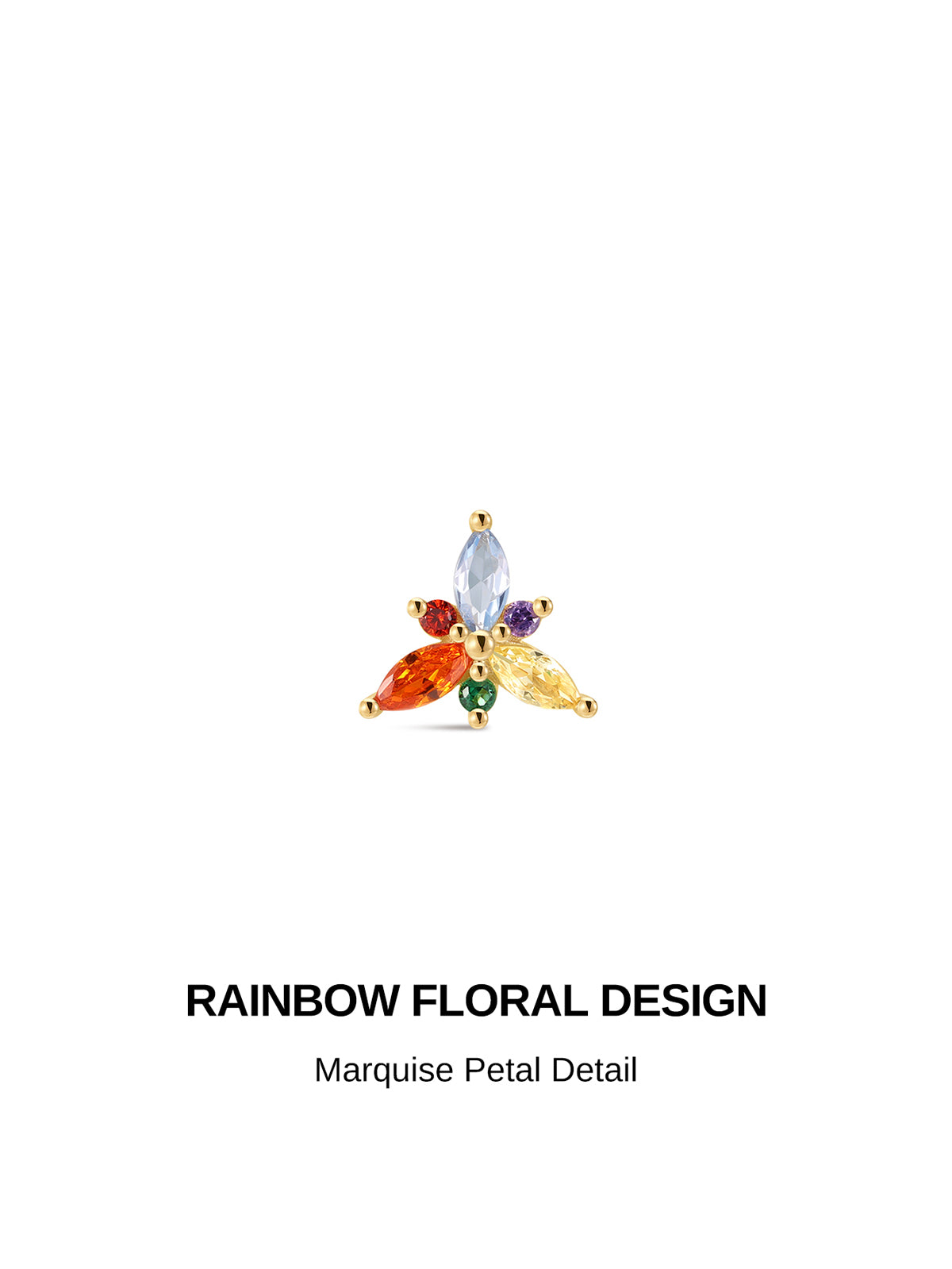 Rainbow floral design KOSINER 14K solid gold flat back stud, triangular marquise petal multi-color cubic zirconia cluster cartilage earring detail