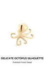 KOSINER delicate octopus silhouette design graphic, polished 14K solid gold glossy finish with fine eye details and elegantly curved tentacles, playful marine creature internally threaded flat back cartilage piercing stud