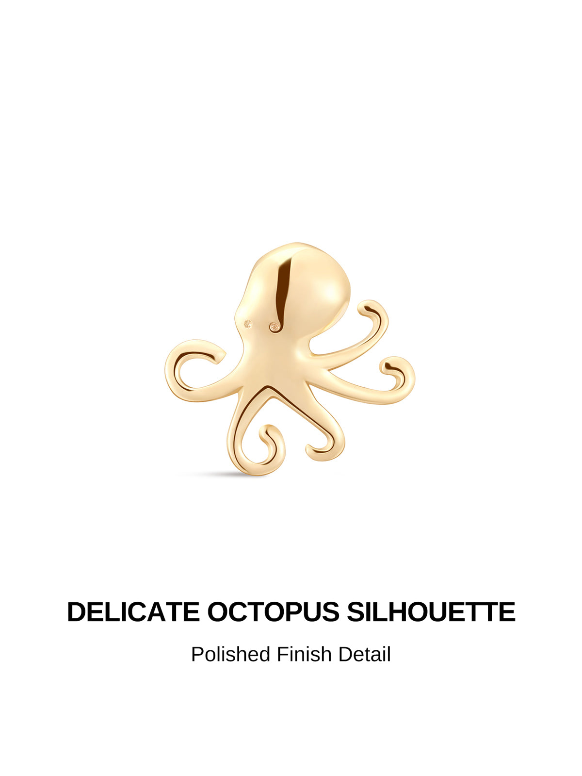 KOSINER delicate octopus silhouette design graphic, polished 14K solid gold glossy finish with fine eye details and elegantly curved tentacles, playful marine creature internally threaded flat back cartilage piercing stud