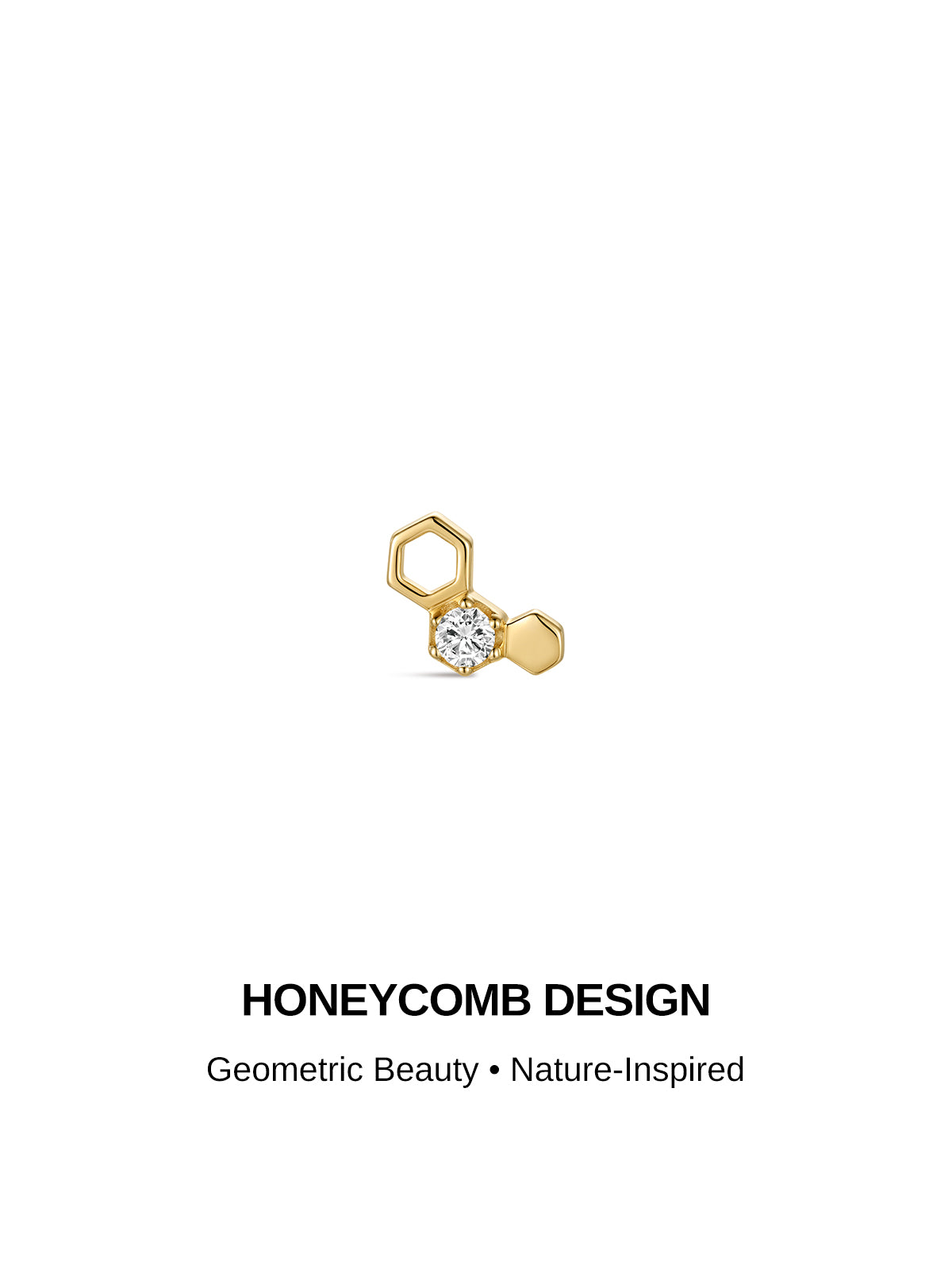 HONEYCOMB DESIGN graphic banner, 14K solid gold geometric hexagon flat back piercing stud, nature inspired minimalist jewelry visual