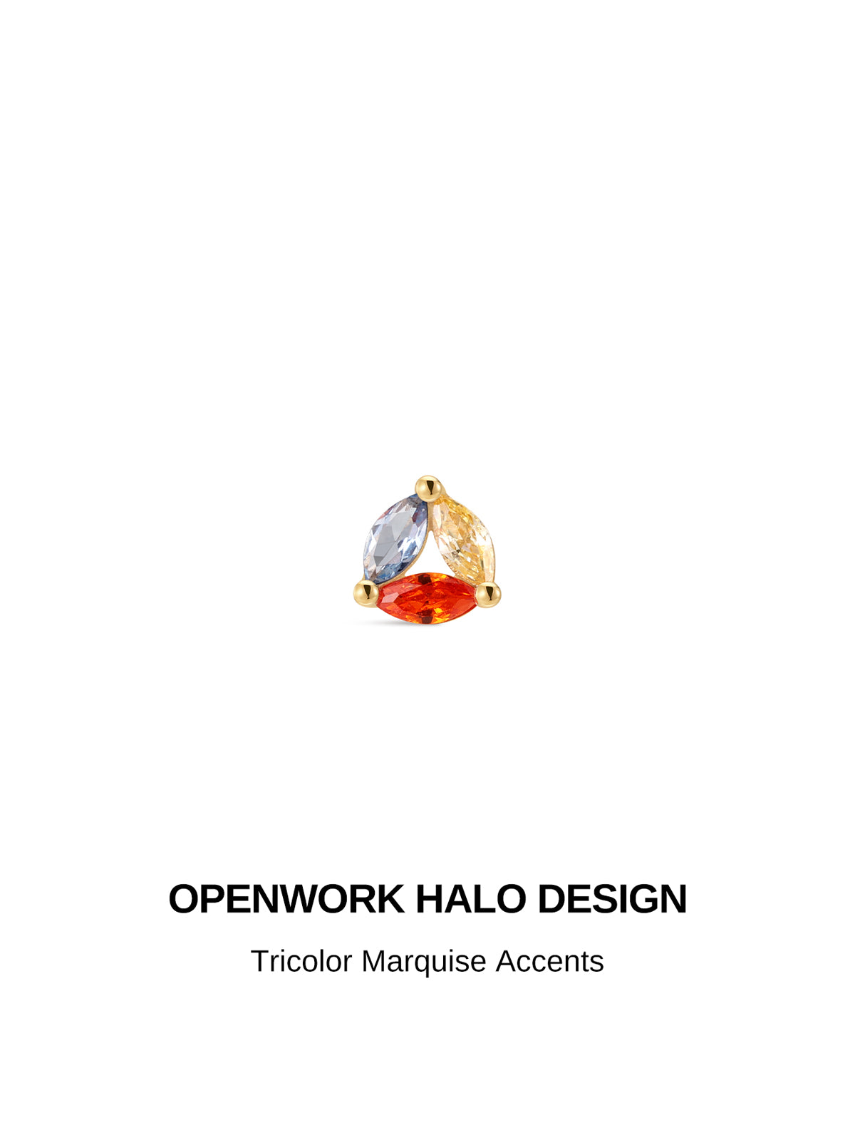 Layered full-ear stacking styling with KOSINER rainbow light collection, tricolor marquise flat back stud matched with assorted colorful cartilage piercings for helix and lobe layout