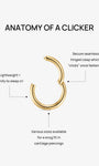 Anatomy breakdown of KOSINER minimalist clicker hoop, introducing lightweight sleep-friendly build, secure seamless click-shut hinged clasp, multi-size options for snug cartilage piercing fit