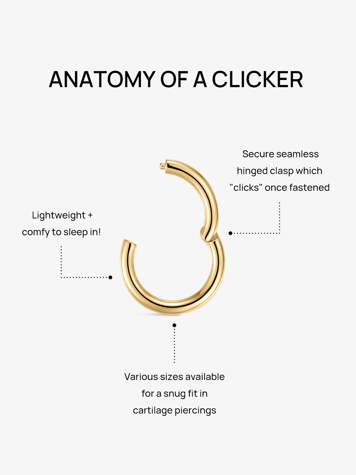 Anatomy breakdown of KOSINER minimalist clicker hoop, introducing lightweight sleep-friendly build, secure seamless click-shut hinged clasp, multi-size options for snug cartilage piercing fit