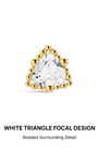 KOSINER Perléa Delicate Triangle Flat Back Stud front view, large triangle-cut clear cubic zirconia center stone surrounded by a frame of polished rounded gold beads, crafted in premium 14K solid gold, internally threaded hypoallergenic labret design ideal for helix and lobe piercings