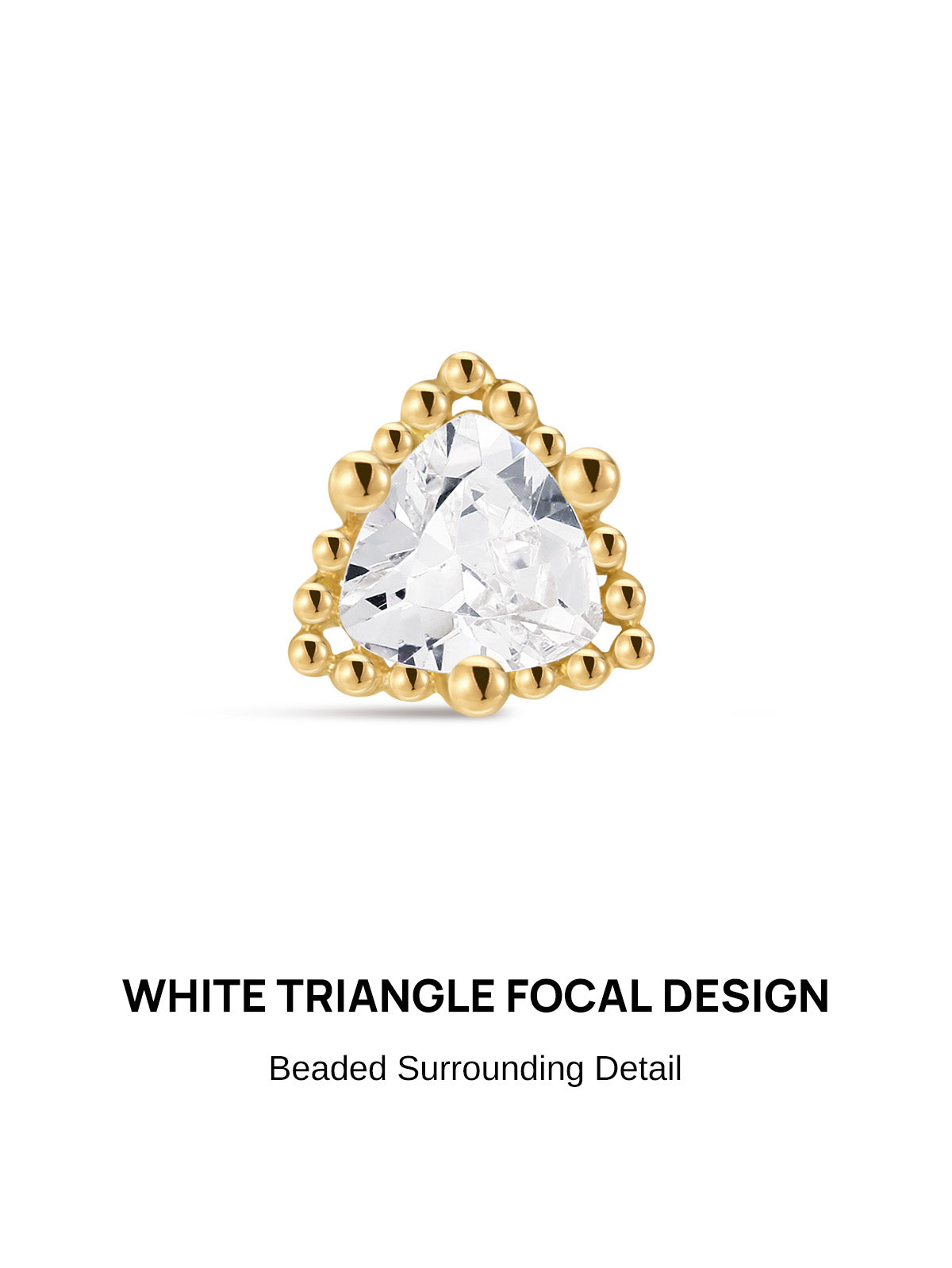 KOSINER Perléa Delicate Triangle Flat Back Stud front view, large triangle-cut clear cubic zirconia center stone surrounded by a frame of polished rounded gold beads, crafted in premium 14K solid gold, internally threaded hypoallergenic labret design ideal for helix and lobe piercings