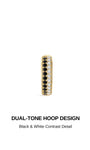 KOSINER Puzzle two-tone hoop design graphic, gold-plated 925 sterling silver huggie hoop, split design with vertical row of pave-set black round stones on one side and clear cubic zirconia stones on the other, stylish black & white contrast clicker hoop earring