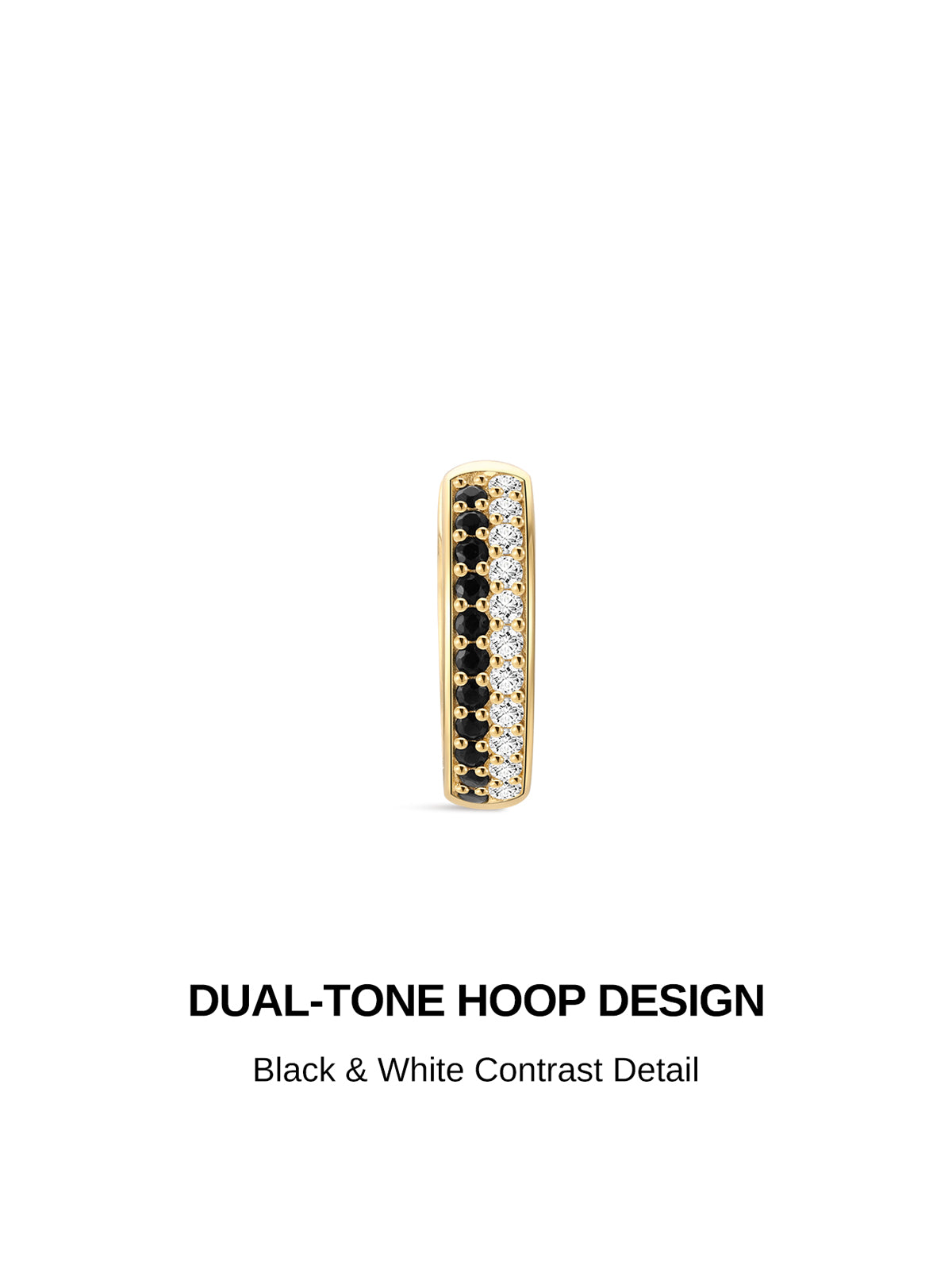 KOSINER Puzzle two-tone hoop design graphic, gold-plated 925 sterling silver huggie hoop, split design with vertical row of pave-set black round stones on one side and clear cubic zirconia stones on the other, stylish black & white contrast clicker hoop earring
